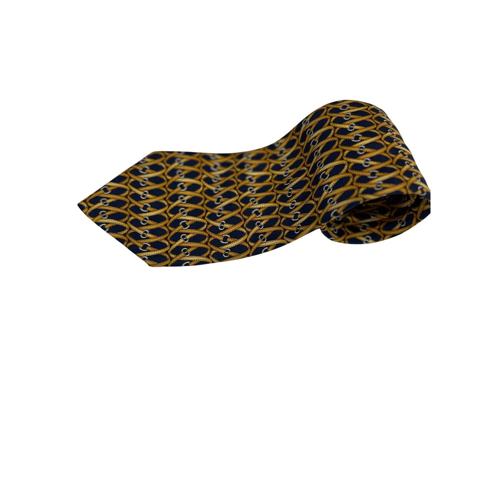 Lancel Paris Tie Mens OS Navy Gold Excellent Vintage Silk Equestrian Belt France